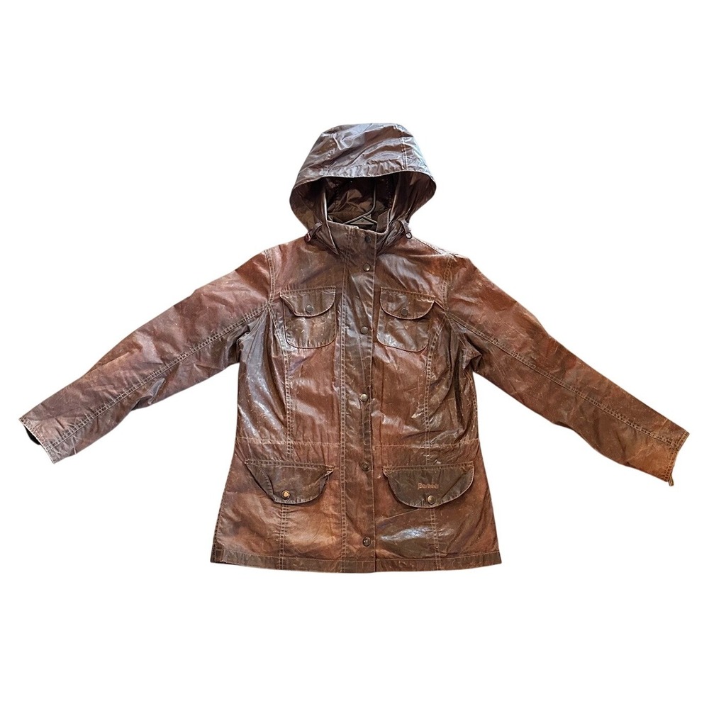Barbour  Distressed Brown Waxed Cotton‎ Hooded Field Jacket Womens USA 6